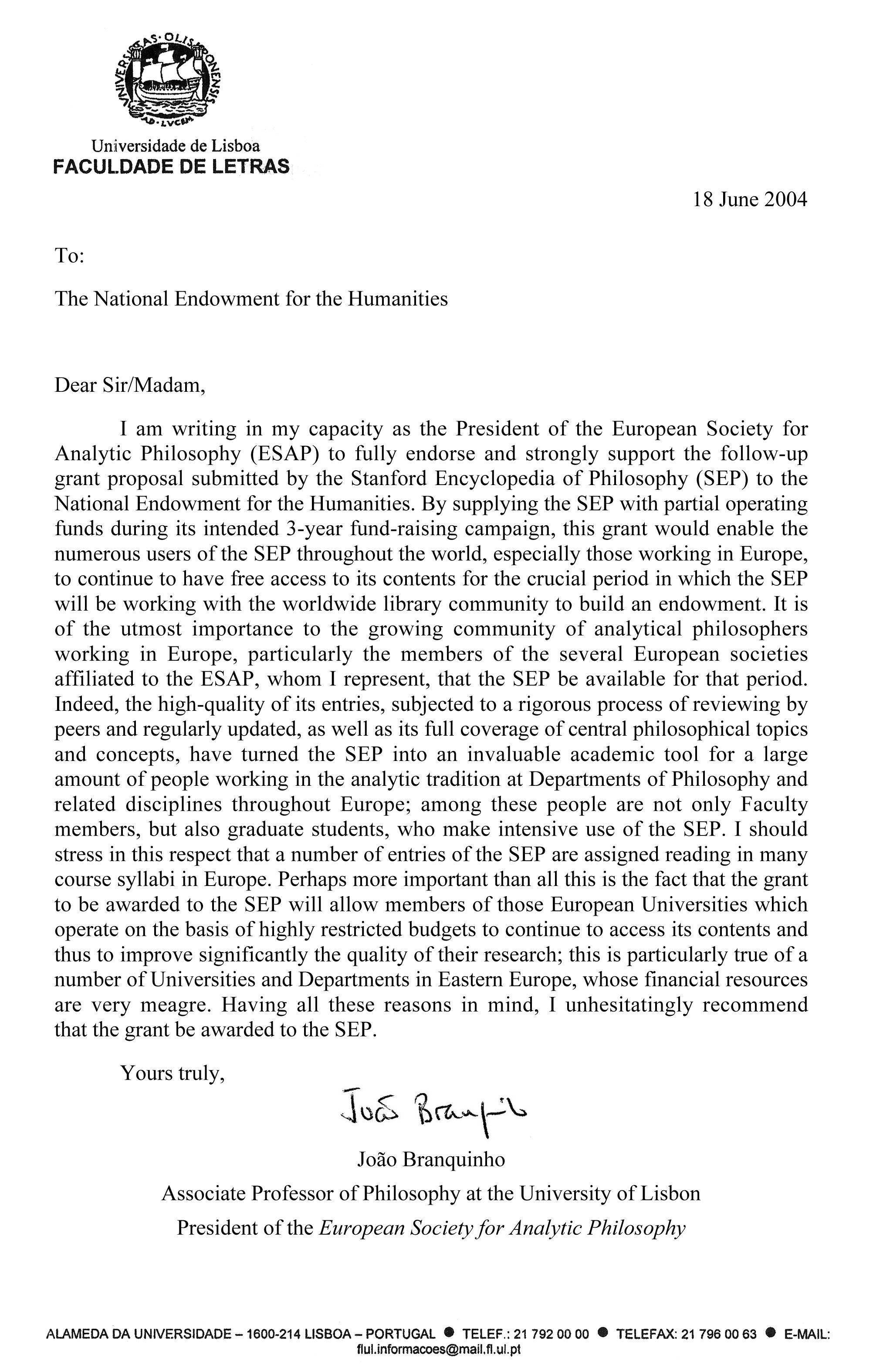 Esap S Letter In Support Of Neh Grant