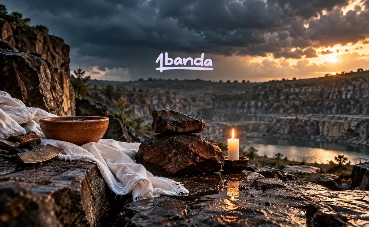 Pedras em equilíbrio, vela acesa e machado ritual discreto diante de uma pedreira sob céu de tempestade