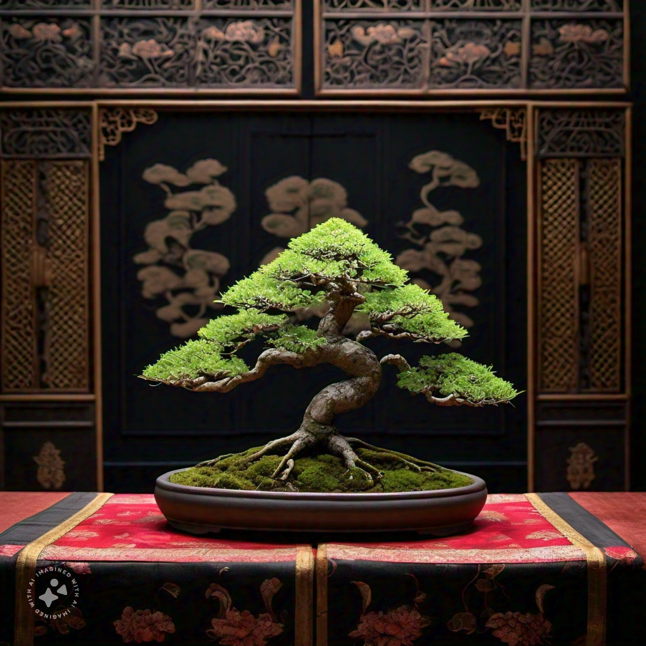 a_bonsai_ree_displayed_on_a_rich_silk_brocade_mat_surroundedby_elegant_oriental_motifs_and_intricate_patterns_cpture_the_blend_of_nature_and_luxury
