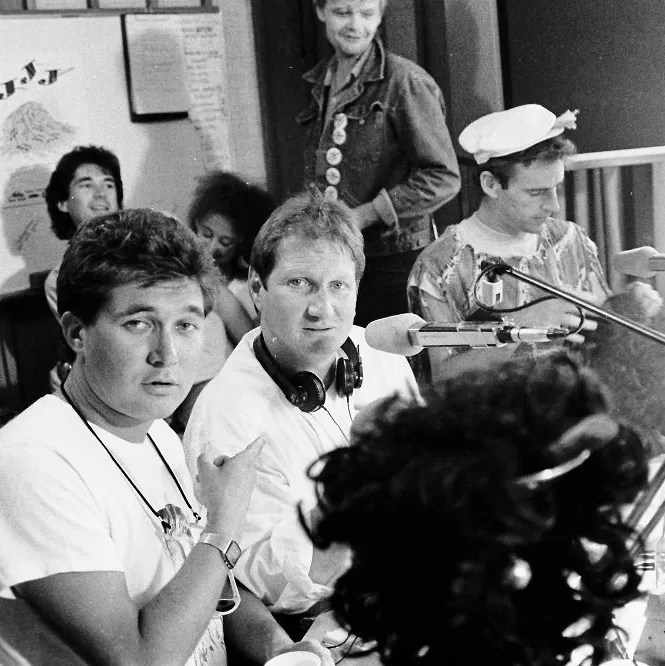 Uncle Doug Mulray at the radio Triple Jay 10th birthday party in 1985, with Malcolm Lees, Maurice Parker, Vic Davies & friends. © Mark Anning / 1EarthMedia photo 1985