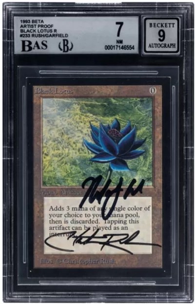 Magic: The Gathering Artist Proof Black Lotus Limited Edition (Beta) BGS Trading Card Game NM 7 AUTO 9 (Wizards of the Coast, 1993) Signed by Christopher Rush and Richard Garfield
