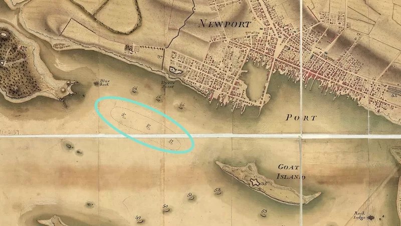 Section of French archival map entitled Prise de Newport par d'Estaing 1778 2 Embossage de Ternay à Newport 1780 Map reproduction courtesy Norman B Leventhal Map & Education Center Boston Public Library