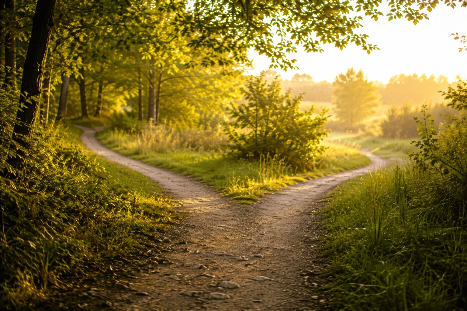 A quiet woodland path splitting in two, symbolizing the pause before making intentional financial choices.