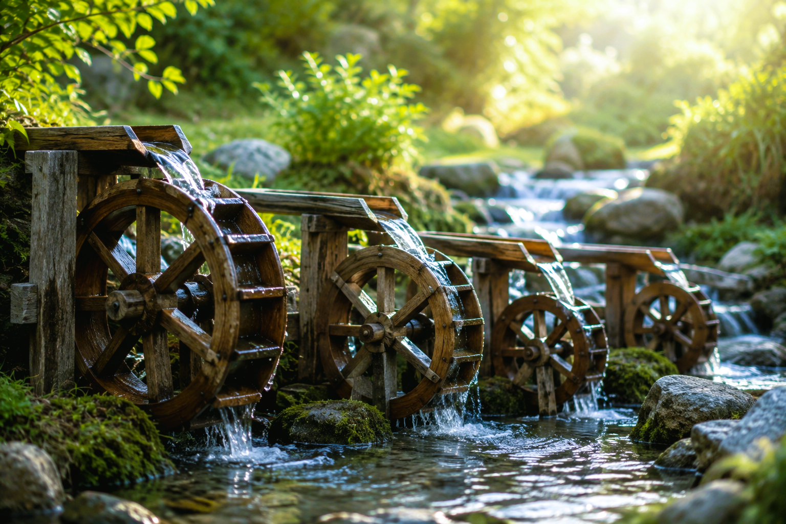 Wooden water wheels working together along a flowing stream, symbolizing how small financial habits and systems build momentum over time