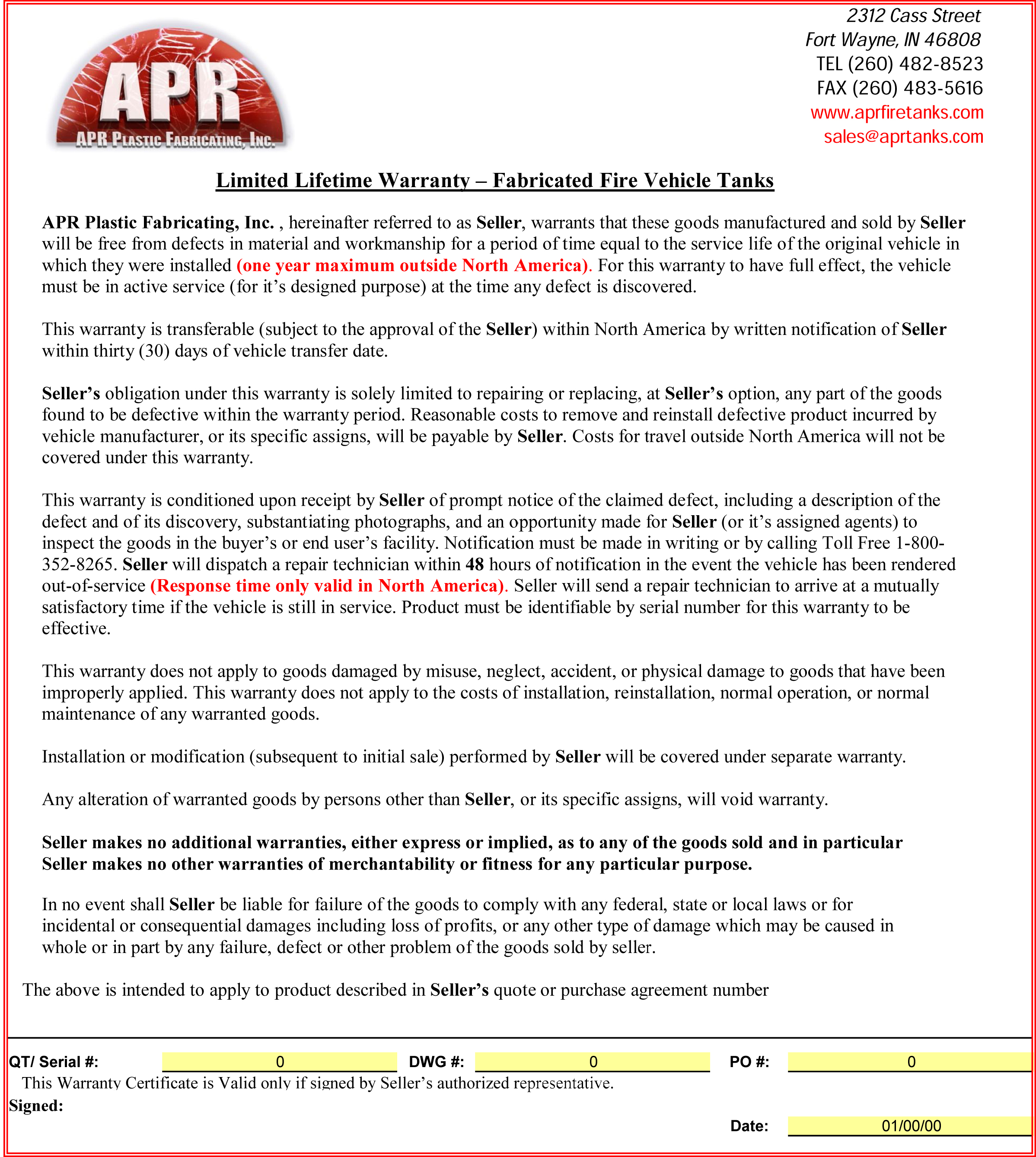 APR tank warranty