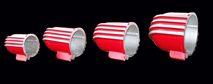 Side view of guage cups painted red