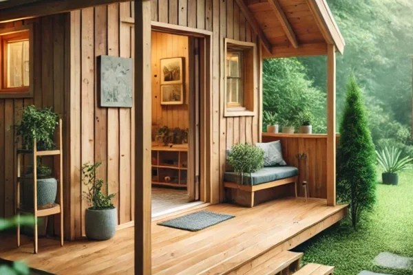 A beautifully maintained wooden microhouse set in a serene natural environment