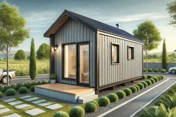 A clean and modern tiny house interior with durable materials. The scene features a well-maintained space with moisture-resistant walls, sturdy floorii
