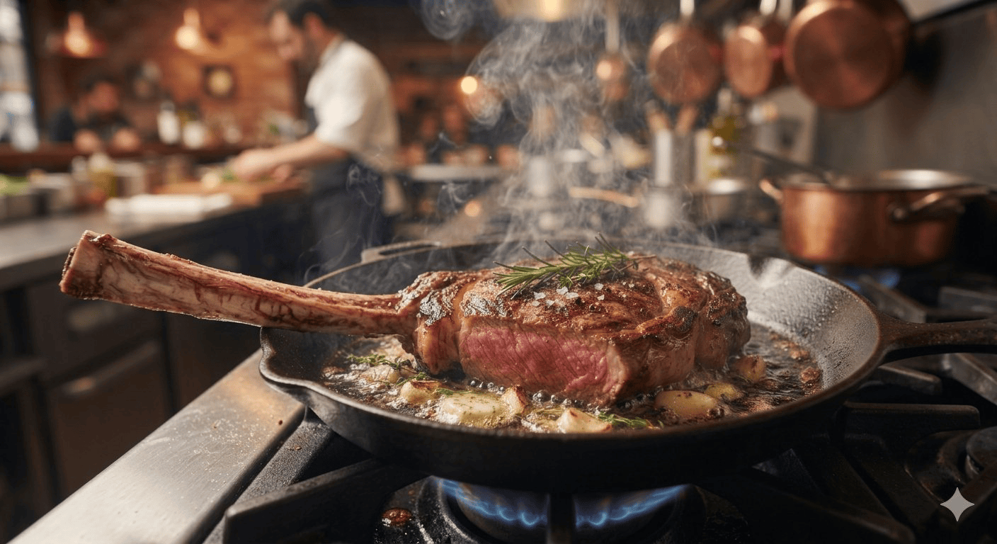 Tomahawk steak cooking in a restaurant kitchen