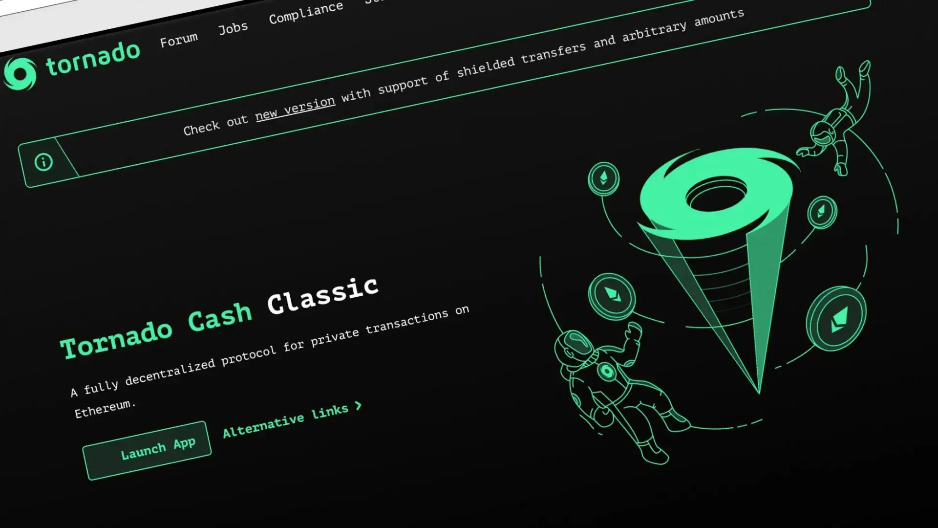 Qu'adviendra-t-il de la réglementation des crypto-monnaies. Interface de mélangeur de crypto-monnaie Tornado Cash. Qu'adviendra-t-il de la réglementation des crypto-monnaies. Interface de mélangeur de crypto-monnaie Tornado Cash. Photo.