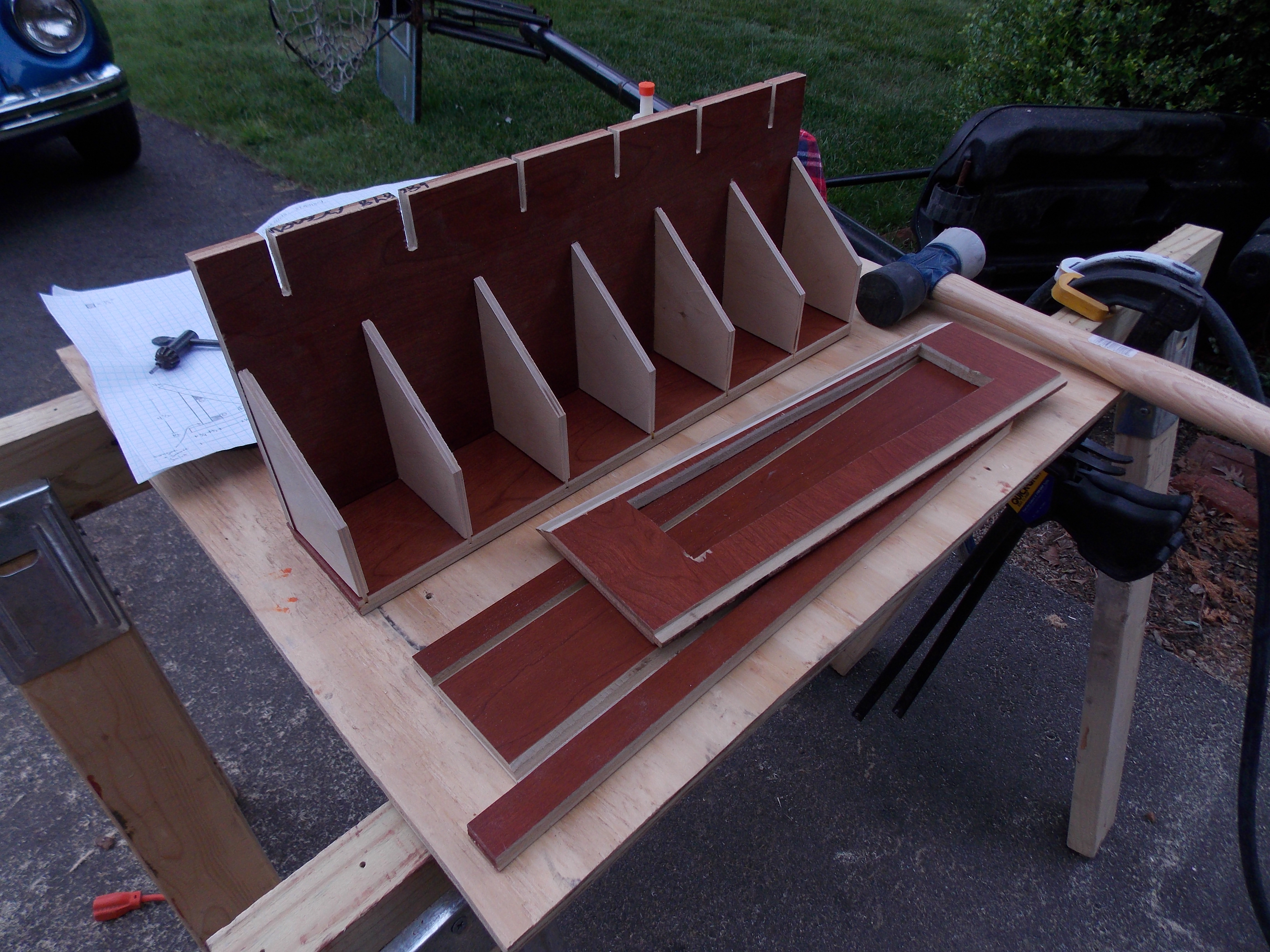 Pieces cutout and being assembled.