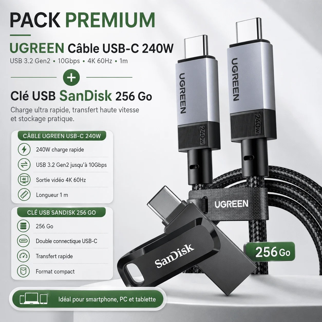 Pack Mobilite – Cle USB-C 256 Go Dual Drive + Cable UGREEN 240W