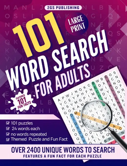 101 Word Search for Adults large print puzzle book cover showing colorful word grid and magnifying glass, featuring over 2400 unique words and fun facts