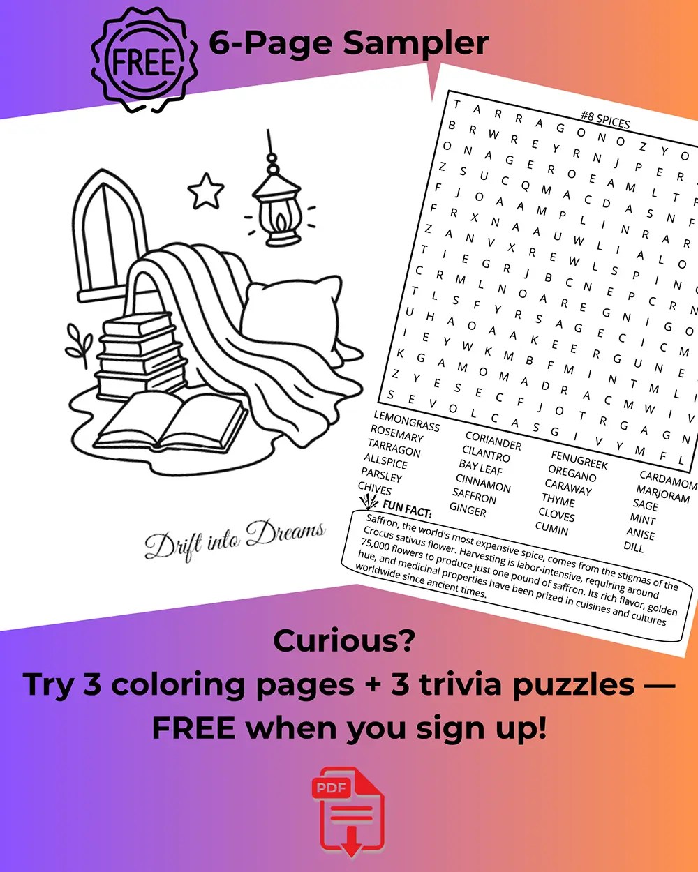 Free 6-page sampler: 3 coloring pages + 3 fun-fact word searches