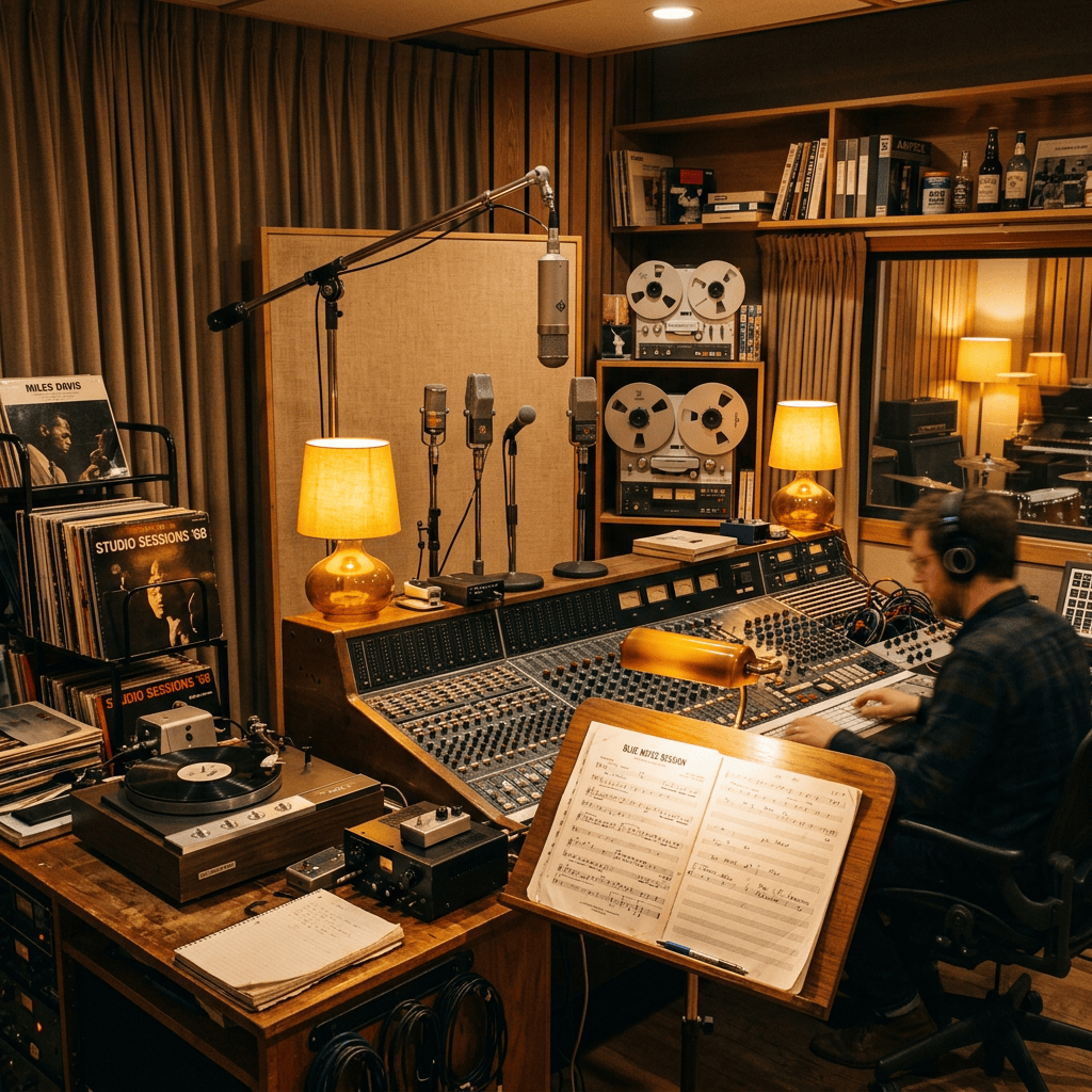 Musician working at a mixing console in a vintage recording studio