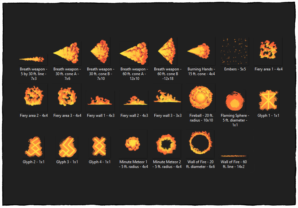 AoE Templates for Common 5e Fire Spells from 2-Minute Tabletop