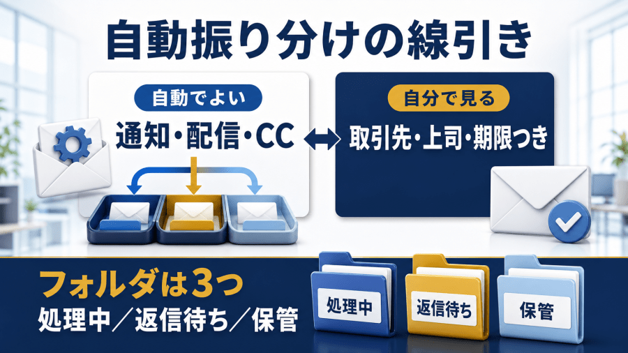自動振り分けしてよいメールと自分で確認するメールの線引き、フォルダを3つに絞る整理