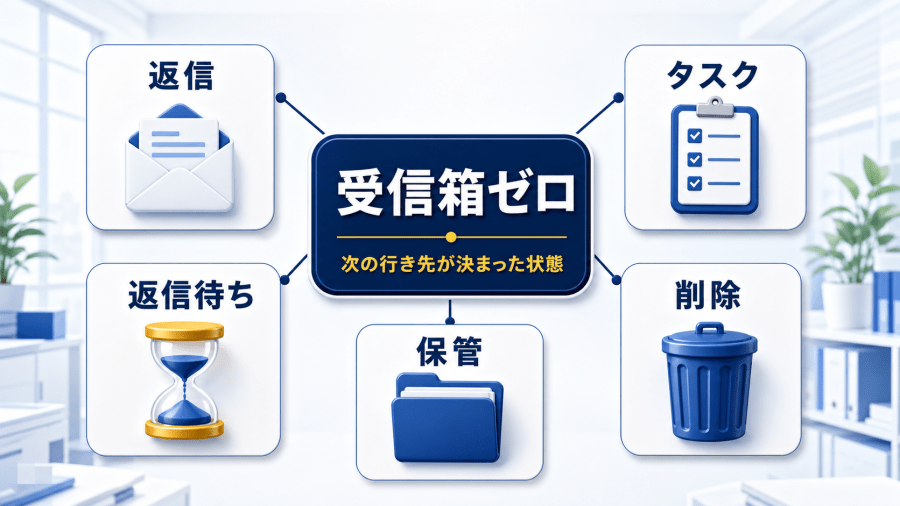 受信箱ゼロを、返信・タスク・返信待ち・保管・削除の5つの行き先が決まった状態として示す図