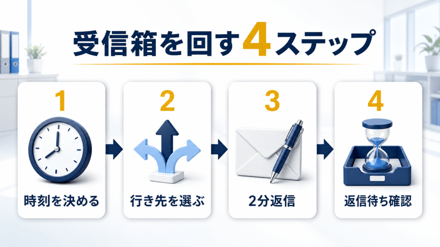 確認する時刻を決める、行き先を選ぶ、2分返信、返信待ち確認というメール処理の四段階