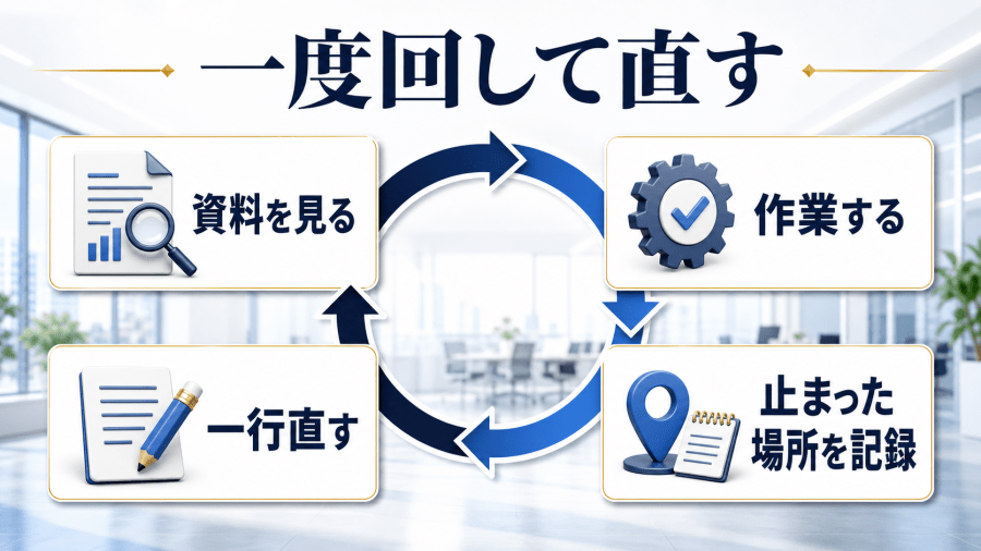 後任者が引き継ぎ業務を一度行い、止まった場所を記録して資料を直す改善サイクル