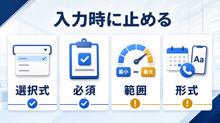 選択式、必須、範囲、形式の入力規則で入力時にミスを止める方法