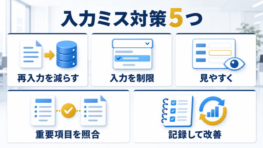 再入力削減、入力制限、見やすさ、重要項目の照合、記録改善という入力ミス対策5つ