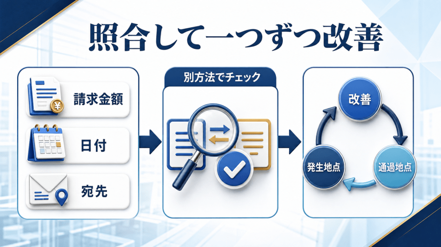 金額、日付、宛先の重要項目を別方法で照合し、発生地点と通過地点から改善する流れ