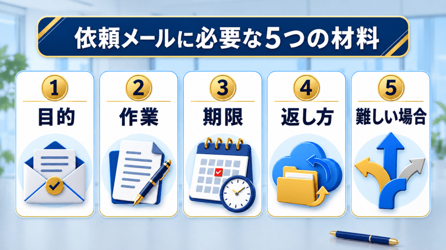 依頼メールに必要な目的・作業・期限・返し方・難しい場合の五つの材料