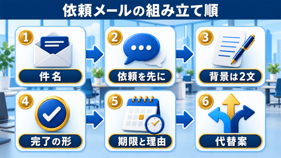 件名、依頼、背景、完了の形、期限、代替案という依頼メールの組み立て順