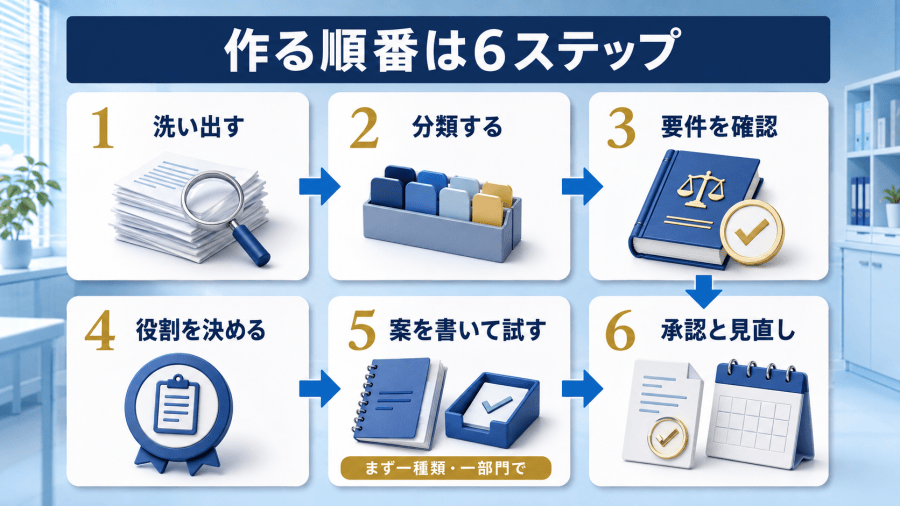 文書の洗い出し、分類、法令や契約の要件確認、役割決め、規程案の作成と試運転、承認と見直しという六つの進め方