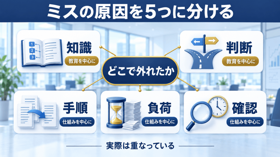 ミスの原因を知識・判断・手順・負荷・確認の5つに分け、教育が中心になりやすい部分と仕組みの見直しが中心になりやすい部分を示した図