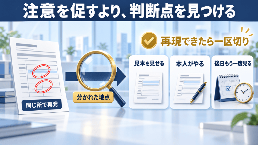 同じ欄で再発する書類から、虫めがねで分かれた地点を見つけ、見本・実演・後日確認へ進む全体像