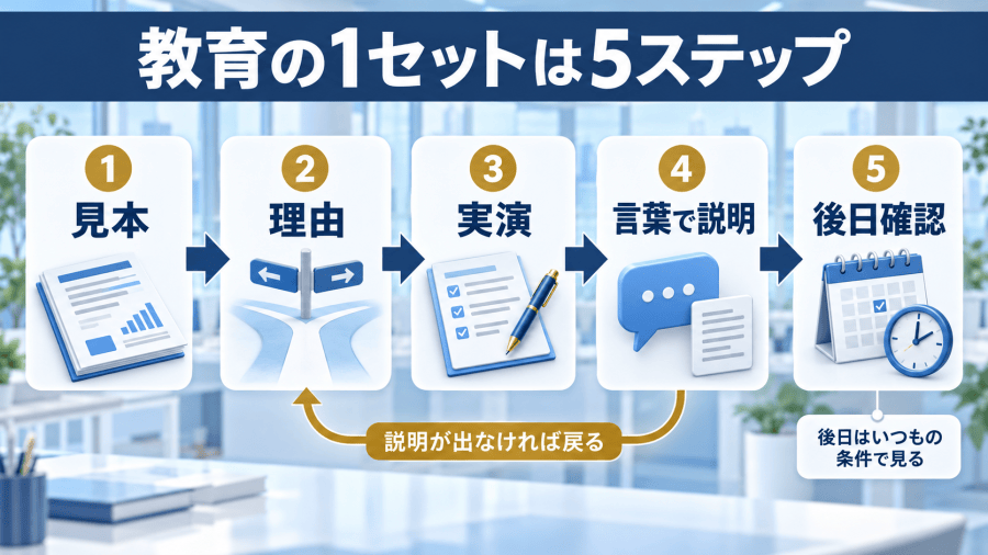 見本、理由、実演、言葉で説明、後日確認という教育の5ステップと、説明が出ないときに理由へ戻る流れ
