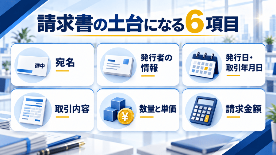 宛名、発行者の情報、発行日、取引内容、数量と単価、請求金額という請求書の基本六項目を並べた図