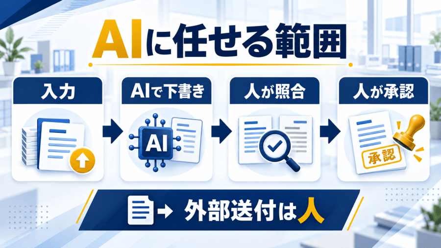 生成AIに任せるのは下書き作成と情報の並べ直しで、事実の確定、例外の判断、最終承認、外部への送付は人が持つという境界を左右に分け、読みやすい文は正しさの根拠にならないという注意を添えた図