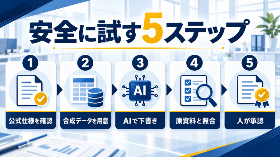 定型事務を入力、AIの処理、出力、人の照合、承認の5工程に分け、生成AIが担うのは真ん中の2工程だけで、分けておくと直す場所が1つに決まることを示した図