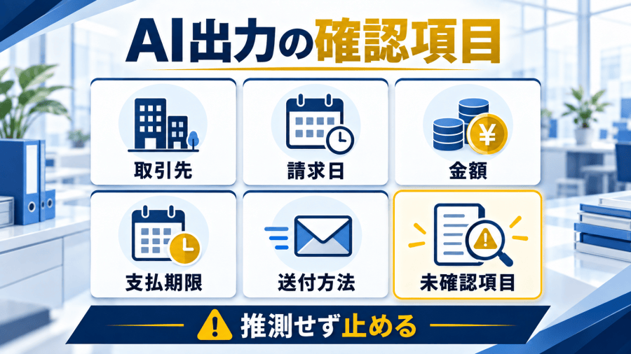 取引先、請求日、金額、支払期限、送付方法、発注番号の6項目を一つずつ照合し、入力と原データが分かること、別の担当者が同じ判定になること、止める条件と相談先があること、測っていない数字を書かないことの4つで完了を確認する流れを示した図
