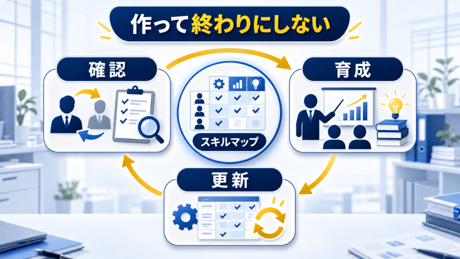 担当変更、業務追加、手順変更、レベル上昇という更新のきっかけと、定例の見直し日、更新担当を1人にする運用を示した図