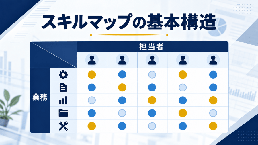 縦に業務、横に担当者を並べ、交わる欄へ習熟レベルを書き込むスキルマップの基本の形を示した図