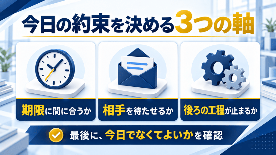 期限、相手待ち、後ろの工程という三つの軸で今日の約束を決める判断基準を示した図