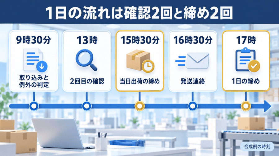 1日の受注処理を9時30分の取り込みと例外の判定、13時の2回目の確認、15時30分の当日出荷の締め、16時30分の発送連絡、17時の1日の締めという五つの時刻で横一列に並べた図。15時30分と17時が締めであることを枠の色で区別し、合成例の時刻である旨を添えている