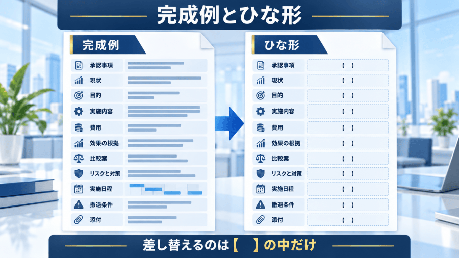 稟議書の完成例とひな形を左右に並べ、どちらも承認事項から撤退条件までの10項目と添付の同じ並びであること、ひな形側は角かっこの空欄だけが置かれていることを示した図。説明用に作った図で、具体的な金額や日付は入れていない