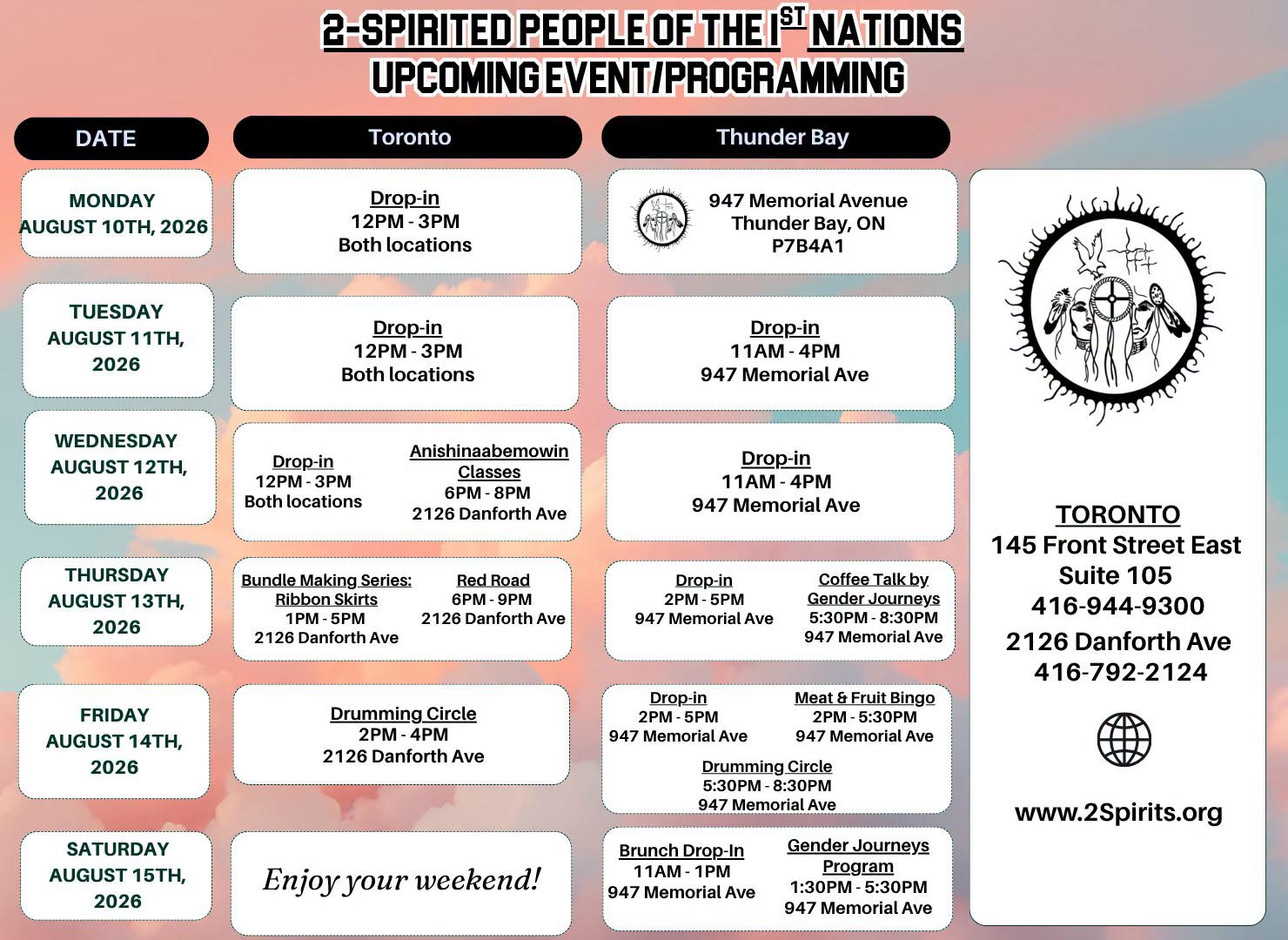 Upcoming Event/Programming August 10th to August 15th