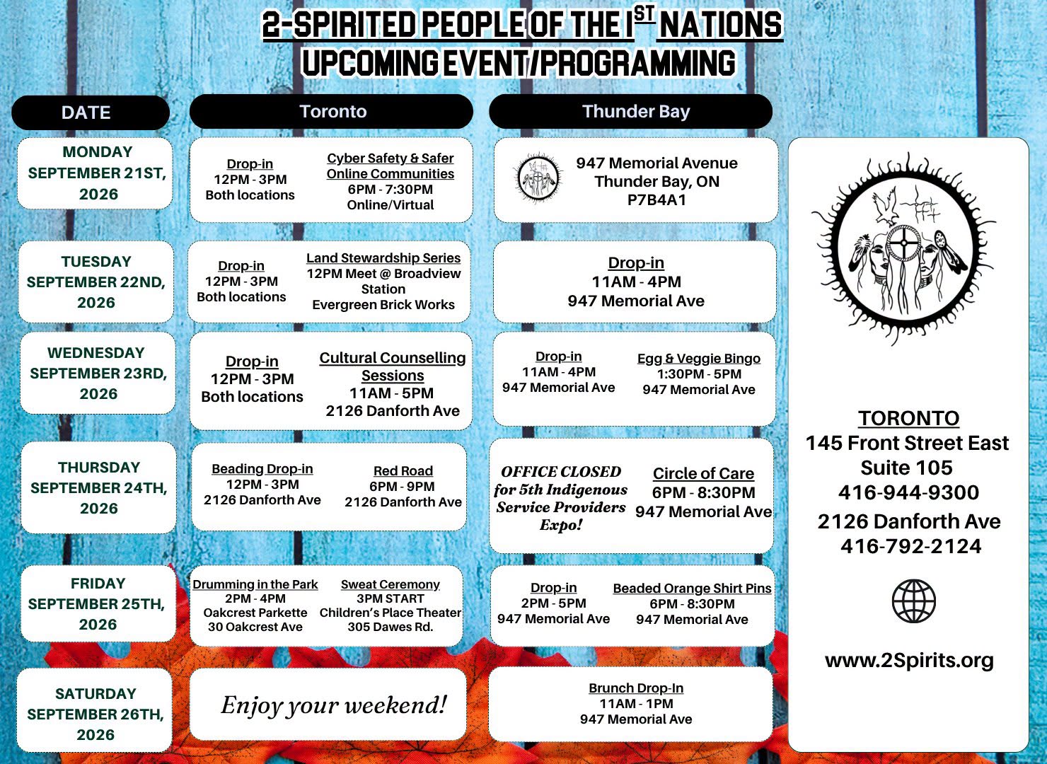 Upcoming Event/Programming September 21st to September 26th