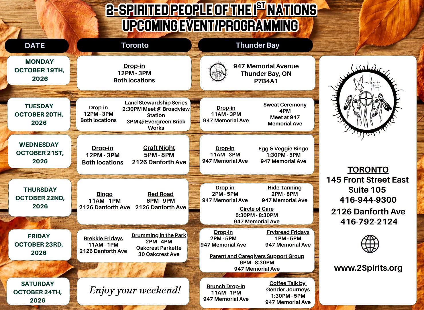 Upcoming Event/Programming October 19th to October 24th