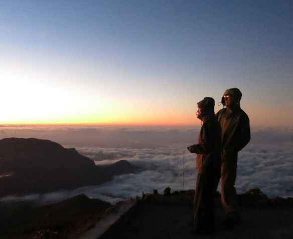 Pat with fellow Kiwi volunteer, Del Bovill, on top of Timor's highest peak, Mt Ramelau, at sunrise.