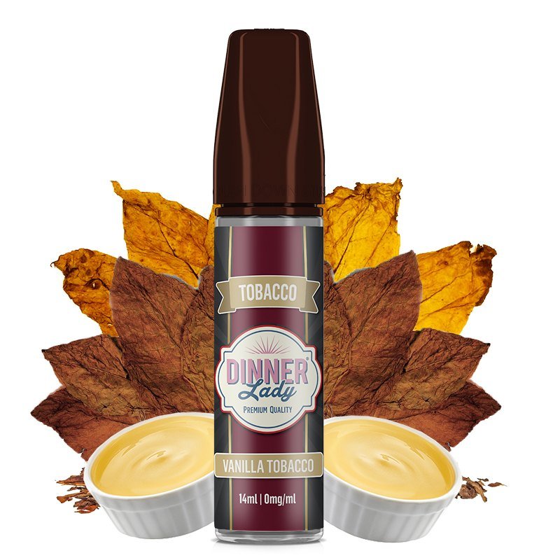 Dinner Lady Vanilla Tobacco e-liquid bottle with tobacco leaves and two vanilla cream bowls in the background.