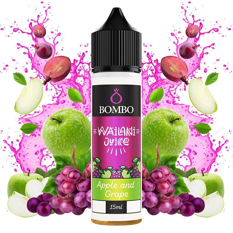 Vape juice bottle labeled Bombo WaiGani? Apple and Grape with green and purple fruit background and pink splash behind.