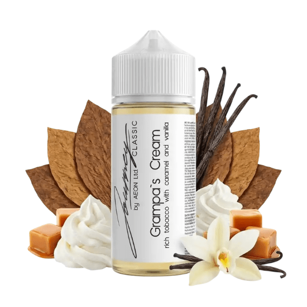 Bottle of Grampa's Cream e-liquid labeled 'rich tobacco caramel and vanilla,' surrounded by caramel cubes, vanilla beans, cream swirls, and a vanilla orchid.