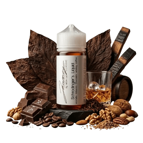 Center-stage e-liquid bottle labeled Schrödinger's Liquid, surrounded by chocolate chunks, cacao leaves, a whiskey glass, nuts, and wooden accents for a chocolate-whiskey flavor theme.